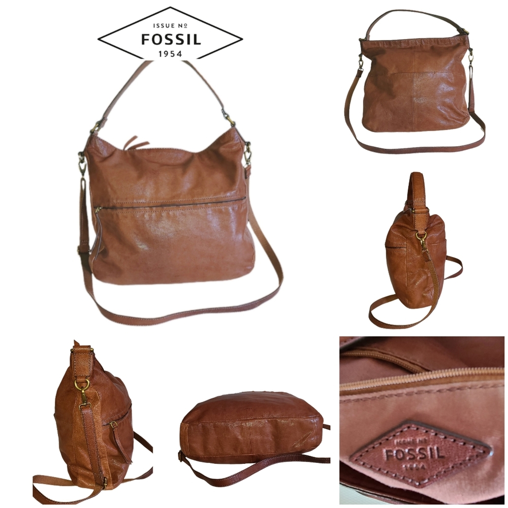 VINTAGE FOSSIL EX-LARGE CARMEL LEATHER TOTE BAG - Picture 2 of 10